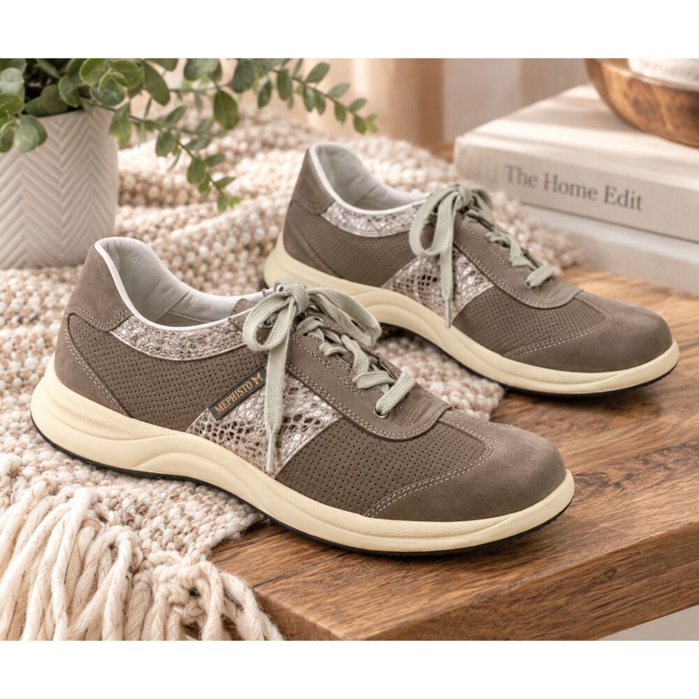Mephisto Laser Ladywalk Air-Jet Taupe Leather Snakeskin Walking Sneakers Sz 7.5